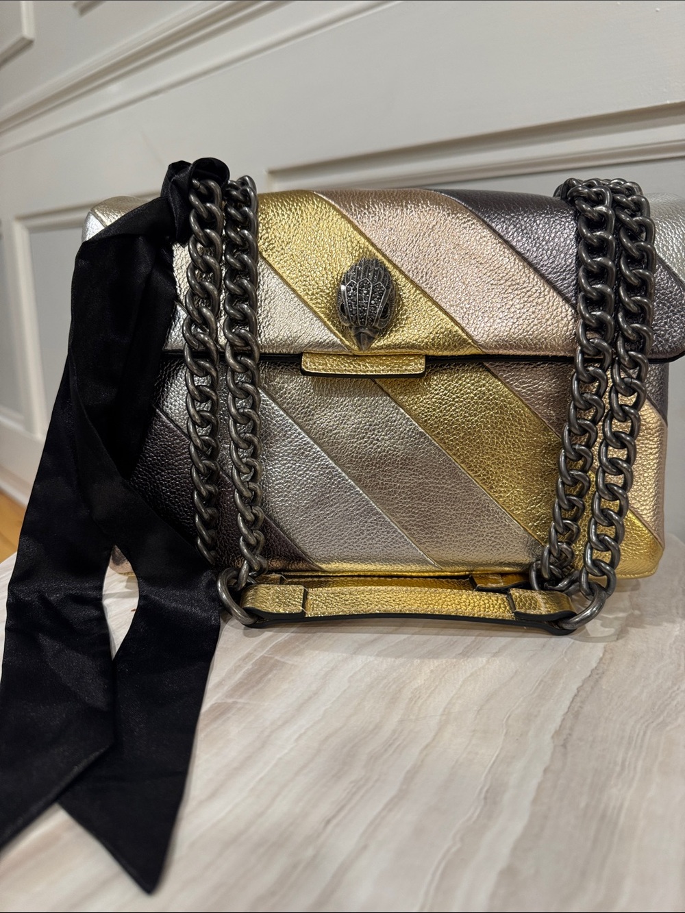 Kurt Geiger Bag Large Kensington Metallic Gold Silver Gray Stripe Shoulder Bag - Picture 5 of 17
